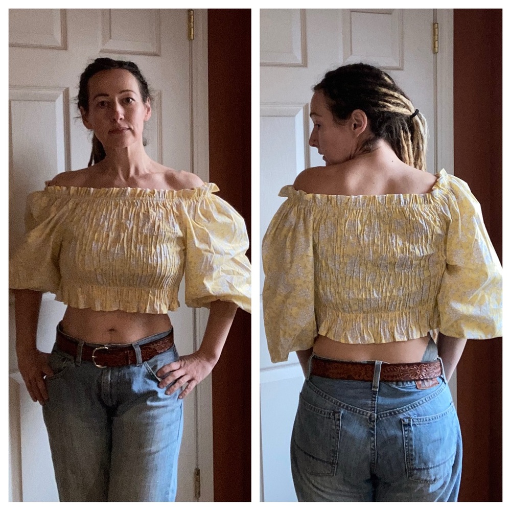 Freshman Smocked Puff Sleeve Off Shoulder Floral Crop Top Yellow Cotton Large